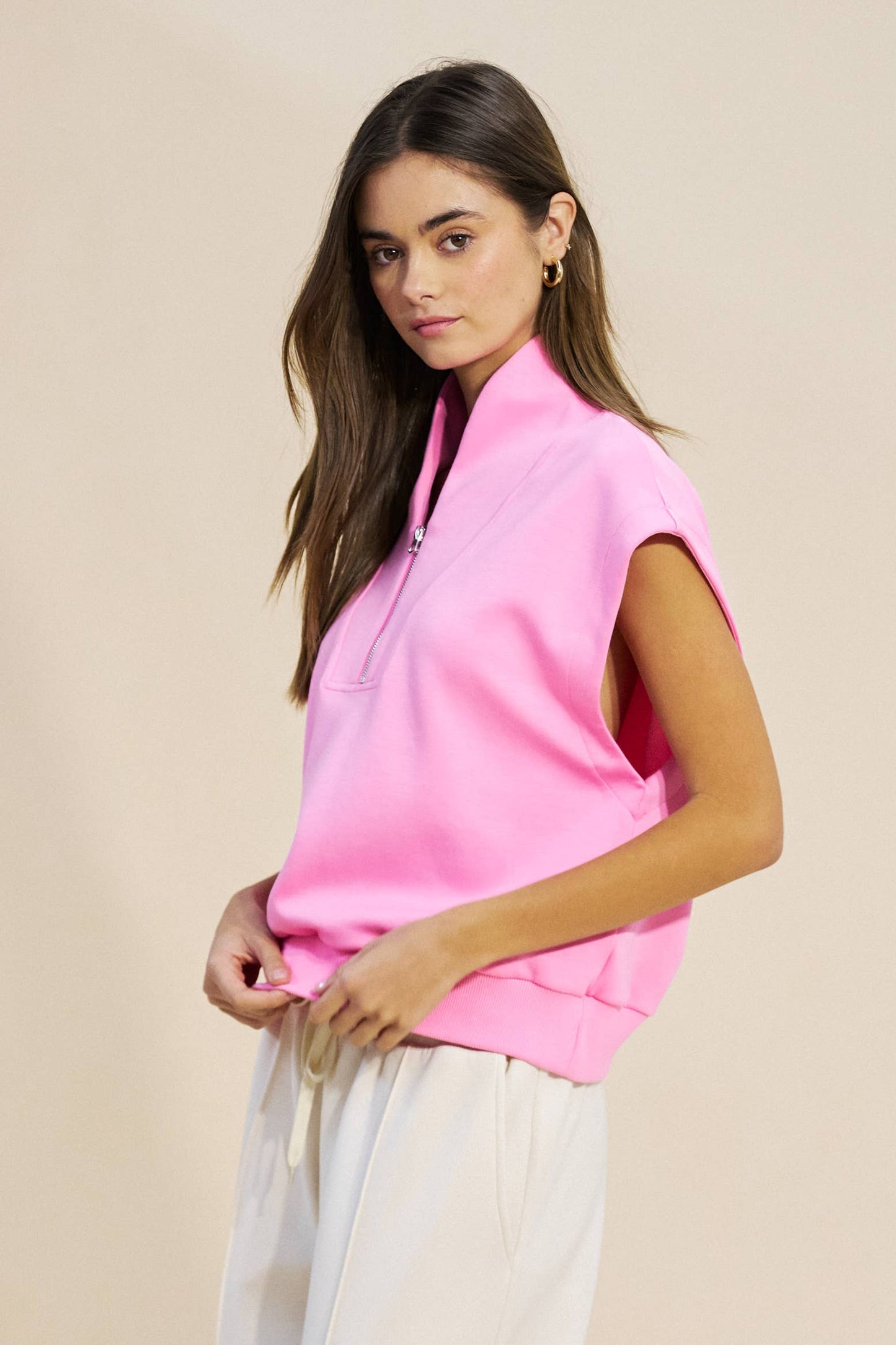 Quarter Zip Sleeveless Knit Top- Pink