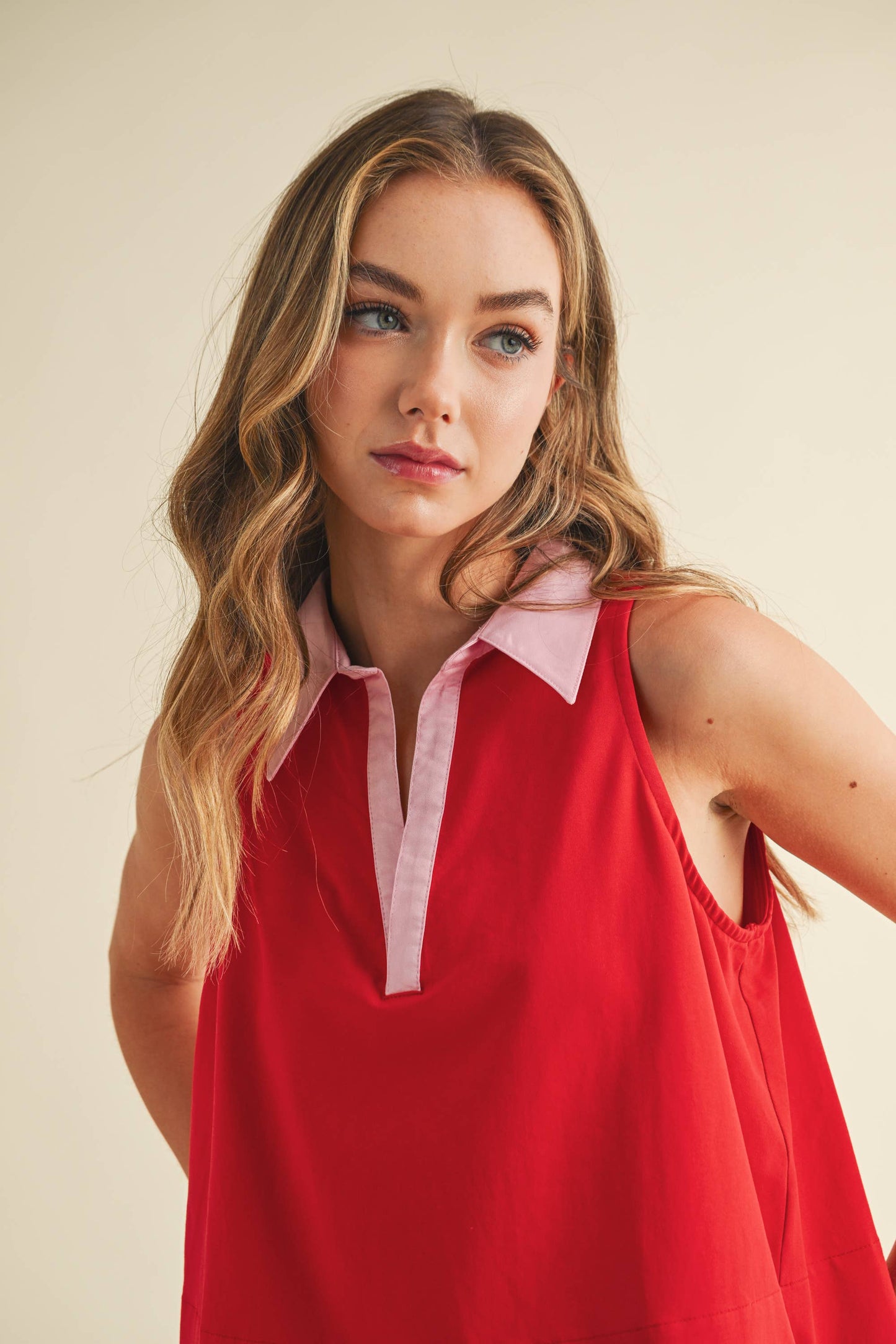 Relaxed Red Cotton Poplin top with Pink Contrast Collar