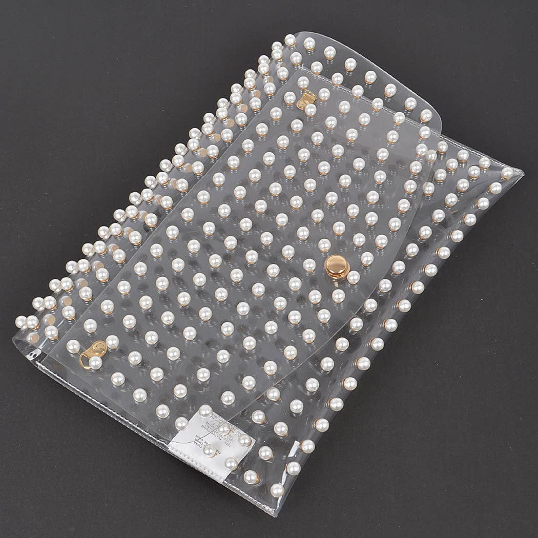 Pearl Studded Transparent Envelope Clutch: Gold