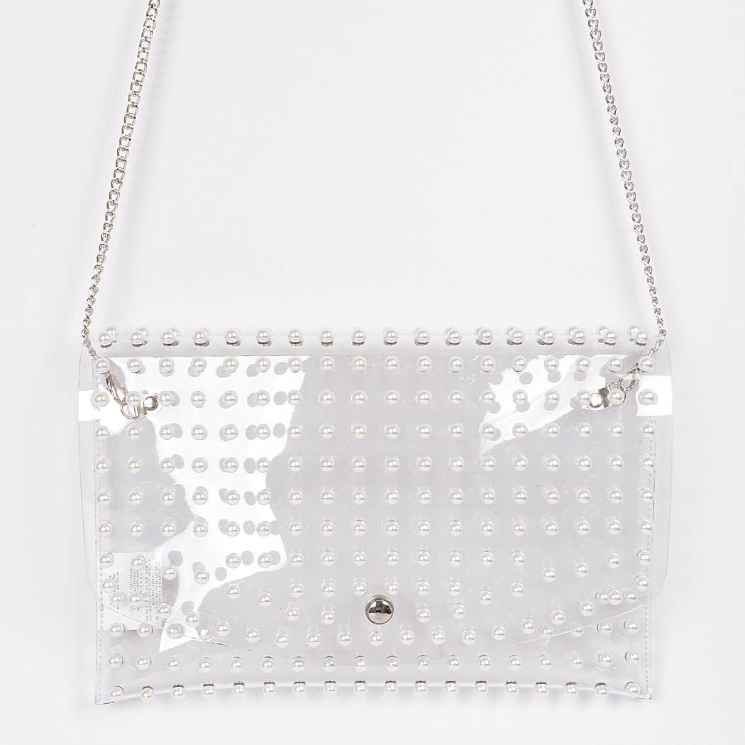 Pearl Studded Transparent Envelope Clutch: Gold