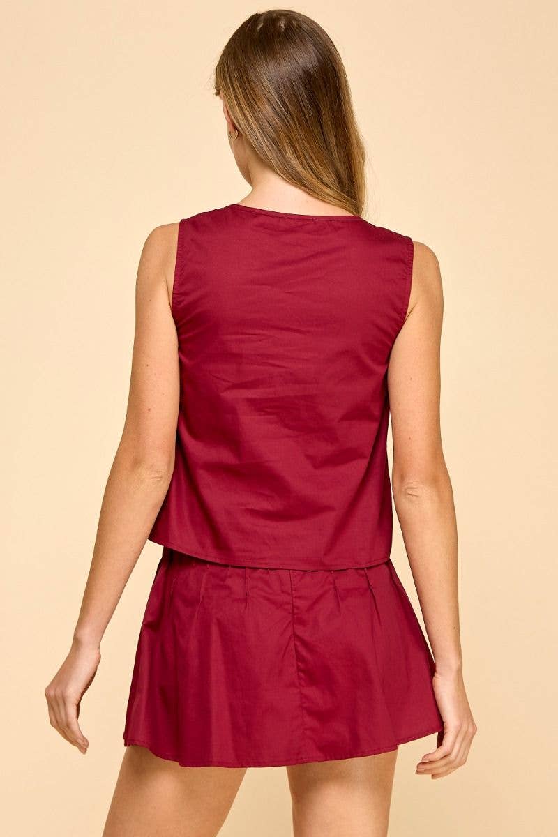 Pleated Chest Button Down Sleeveless Top