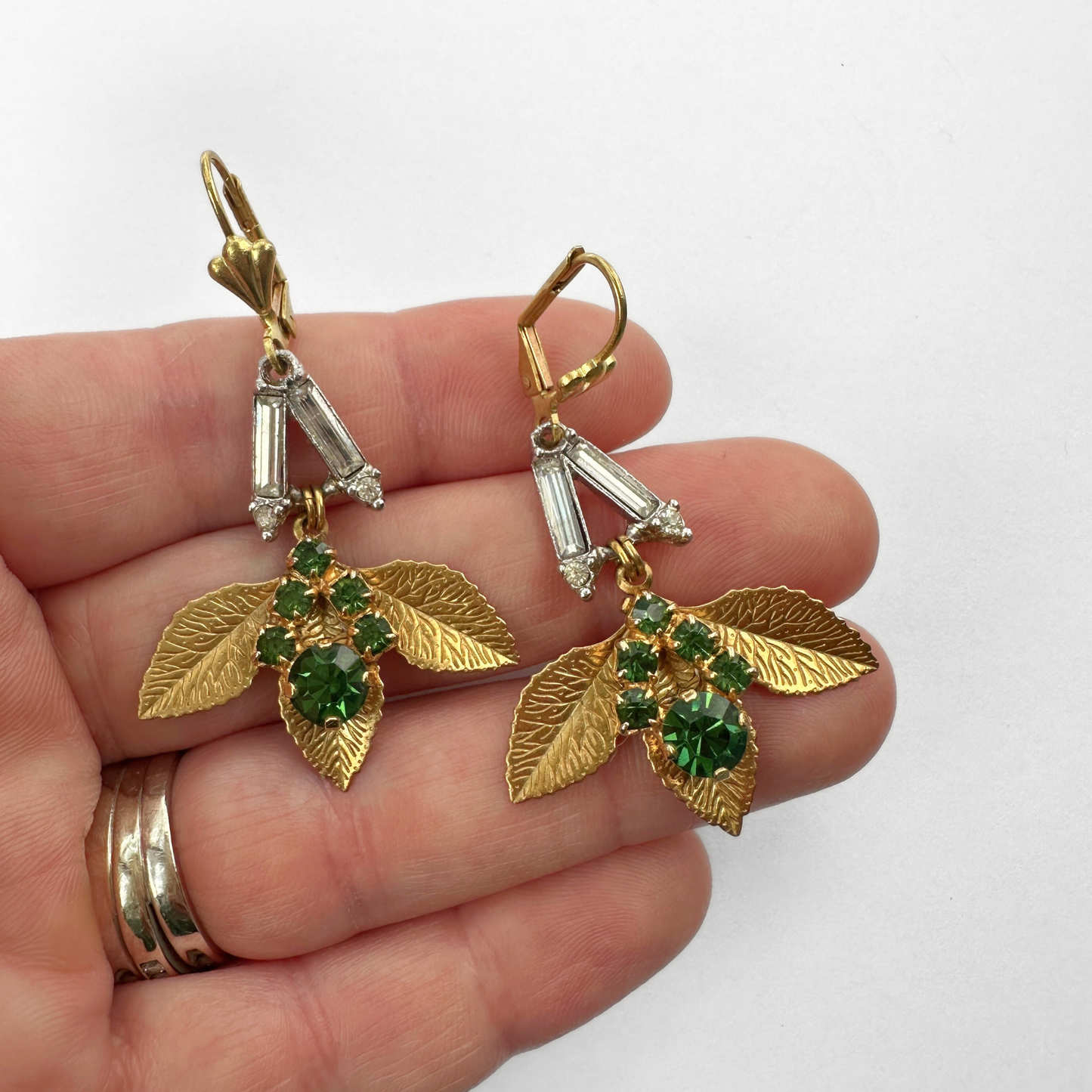 Refashioned Vintage Green & Clear Vintage Earrings with Brass Leaf Stamping