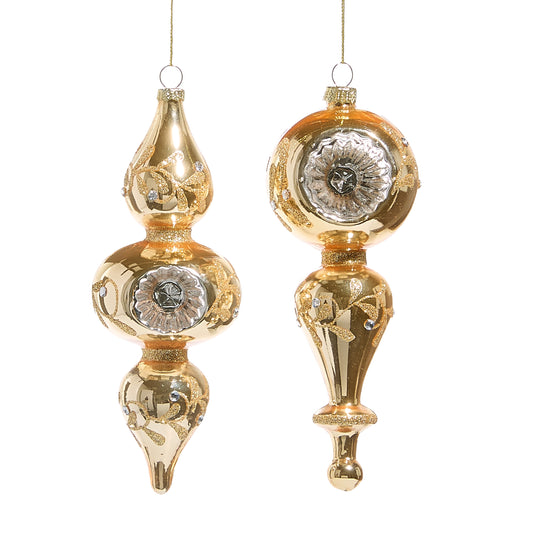 Gold Reflector Glass Finial Ornament- Slim, Wide