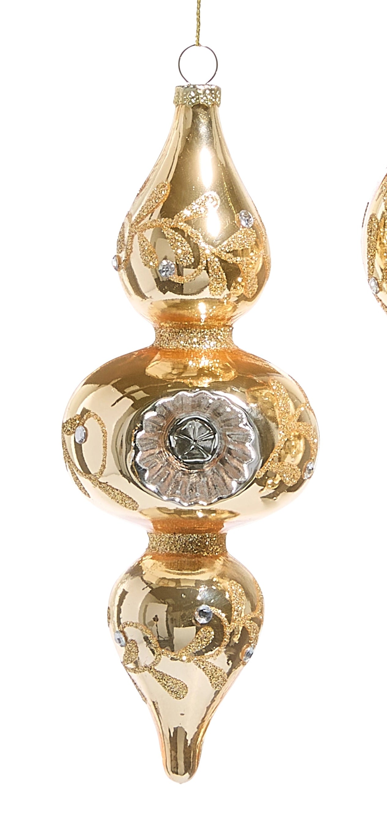 Gold Reflector Glass Finial Ornament- Slim, Wide