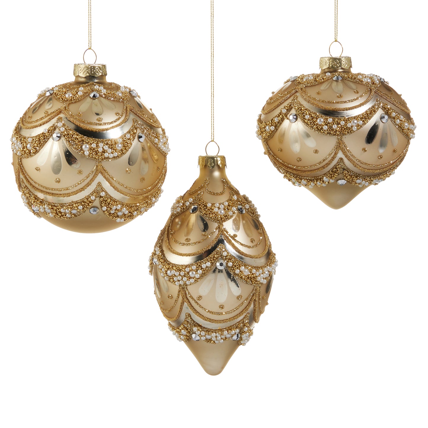 Gold-Pearl Trimmed Ornaments- Ball, Finial, Onion