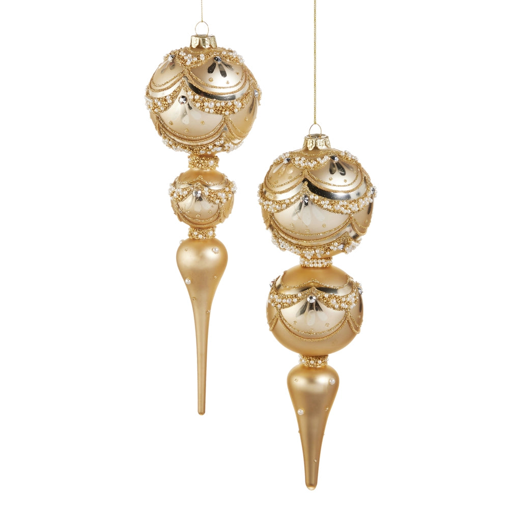 Gold Pearl Trimmed Finial Ornament- Slim, Wide