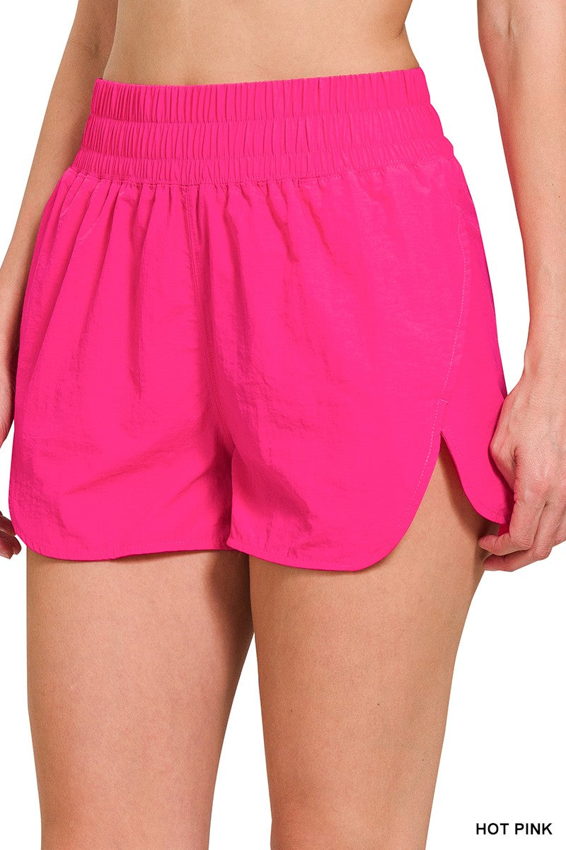 Windbreaker Smocked Waist Shorts-Hot Pink