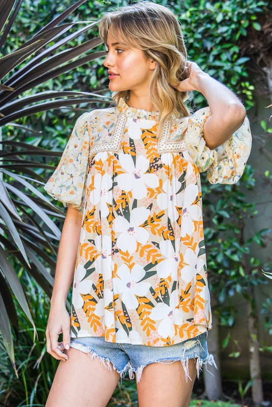 FINAL SALE Floral Print Embroidery Yoke Top