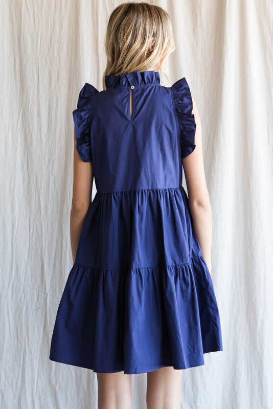 FINAL SALE Solid Tiered Ruffle Mock Neck Dress In Navy