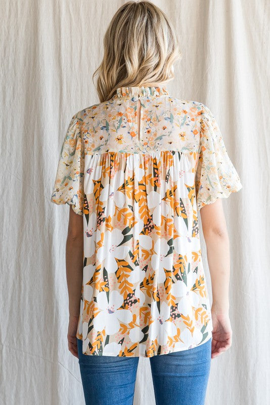 FINAL SALE Floral Print Embroidery Yoke Top