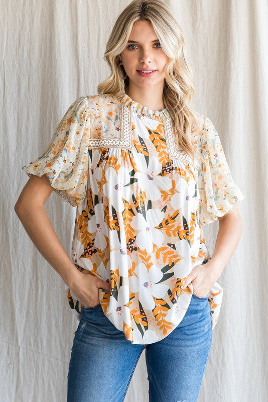 FINAL SALE Floral Print Embroidery Yoke Top