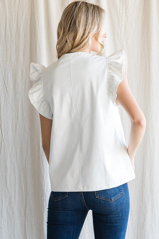 FINAL SALE Leatherette Ruffled Shoulder Top