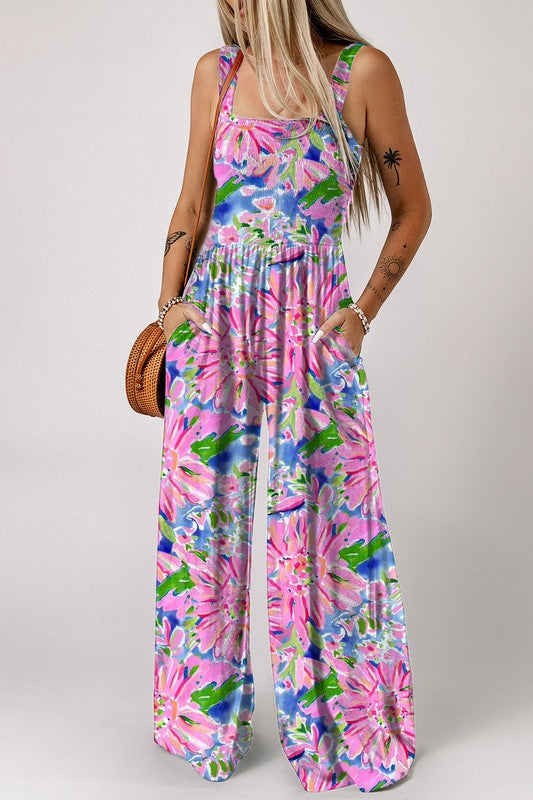 FINAL SALE Pink Abstract Smocked Jumpsuit