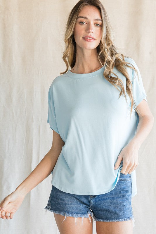 FINAL SALE Solid Dolman Sleeves Top In Blue