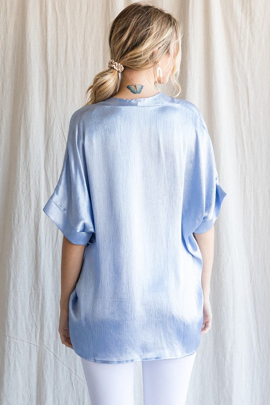 Glossy Solid Boxy Top In Blue