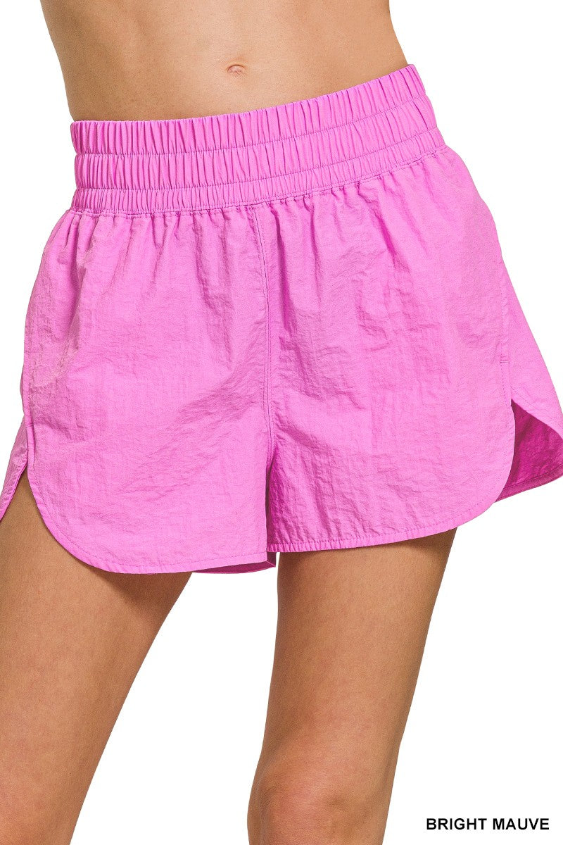 Windbreaker Smocked Waist Shorts-Brite Mauve