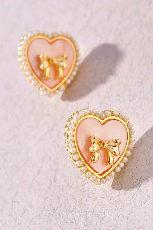 Pearl Edge Heart Bow Stud Earrings-Pink
