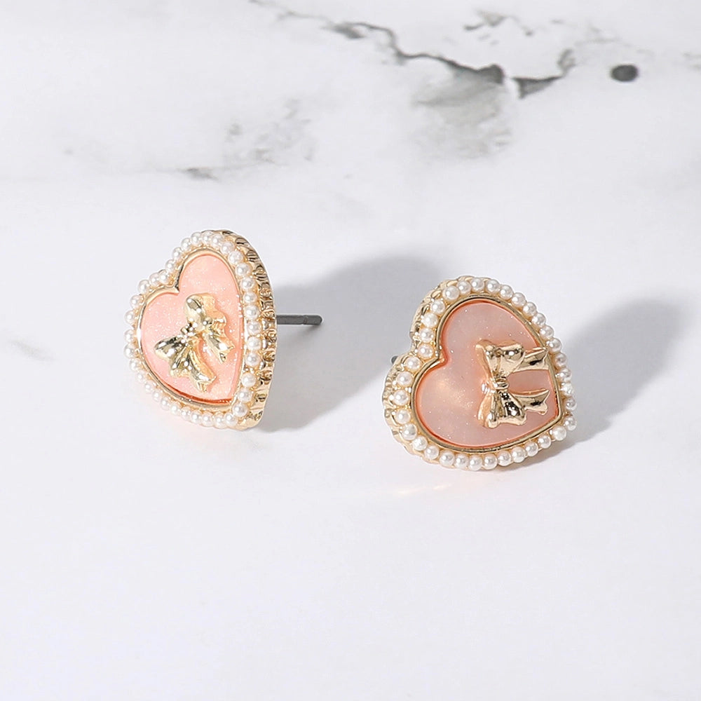 Pearl Edge Heart Bow Stud Earrings-Pink