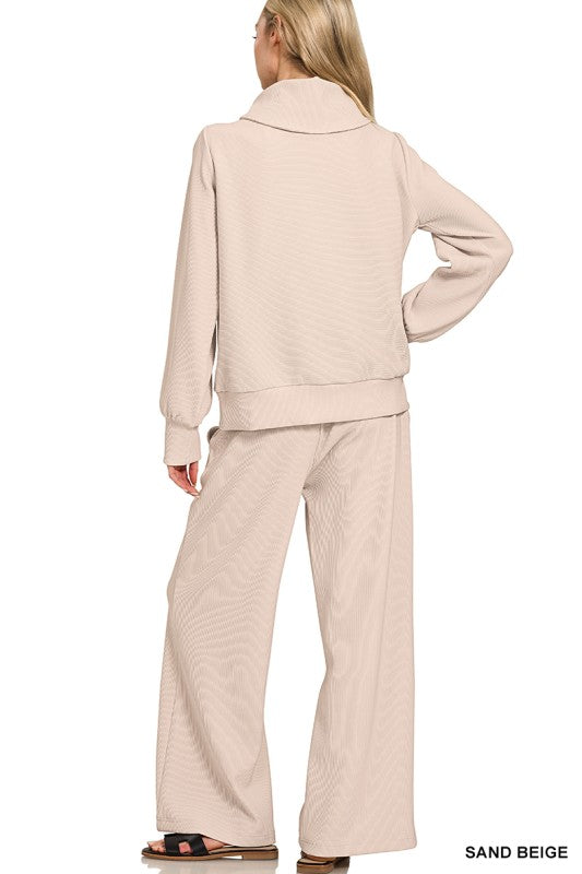 Ribbed Half Zip Pullover & Pants Set- Sand Beige