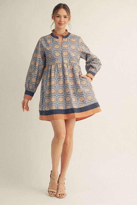 Ruffled Neck Floral Dress