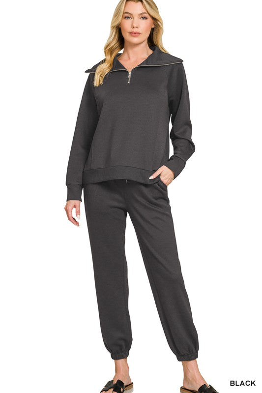 High Collared Sweatshirt & Joggers Set- Black