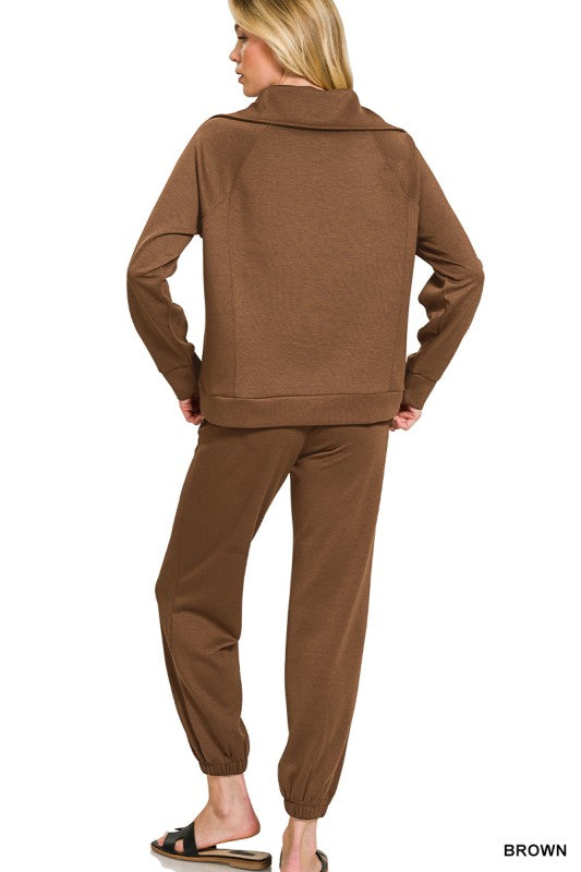 High Collared Sweatshirt & Jogger Set-Brown