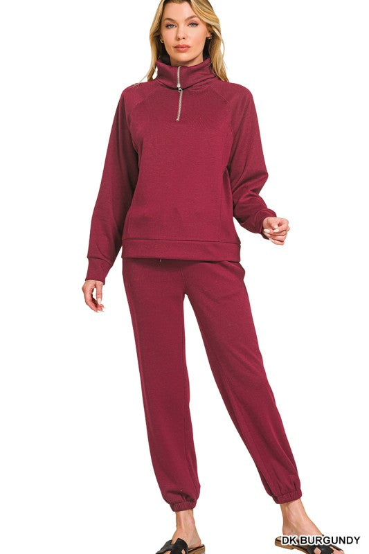 High Collared Sweatshirt & Jogger Set-DK Burgundy