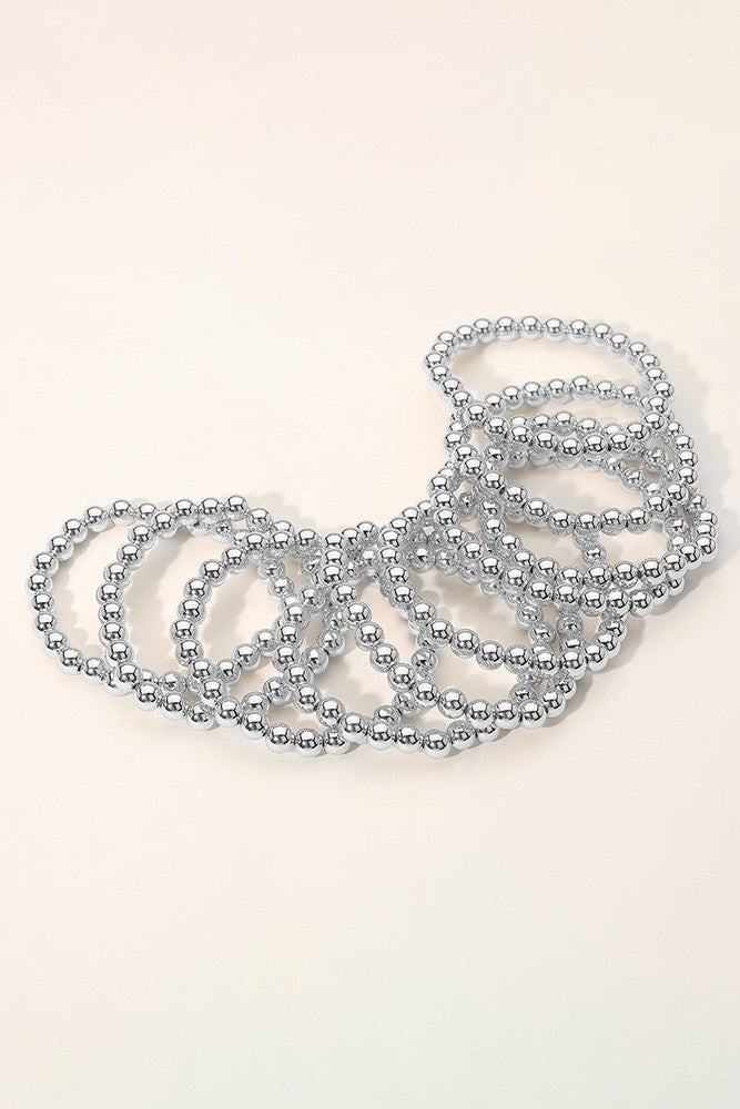 Silver Beaded Stretch Bracelets-Set of 10