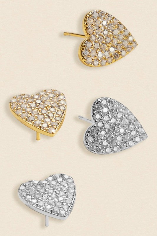 18k Gold Dipped Cz Stone Paved Heart Stud Earrings
