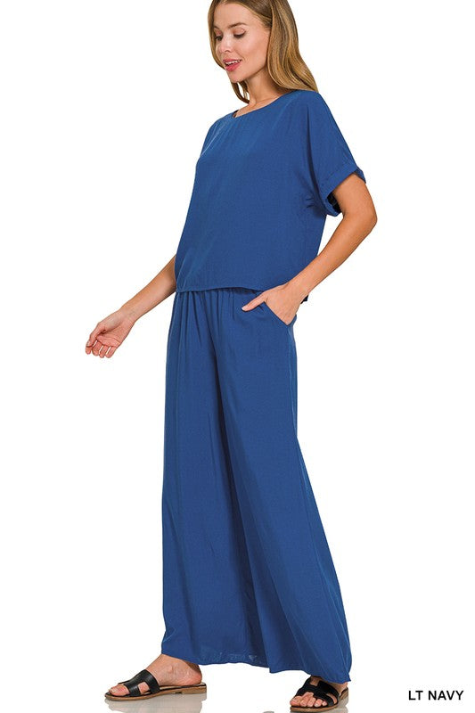 Woven Short Sleeve Top & Pants Set-Lt Navy