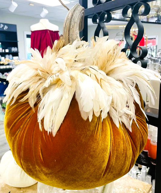 Hot Skwash 13"LE Silk Velvet Pumpkin- D'OR w/Ginger Feather Collar