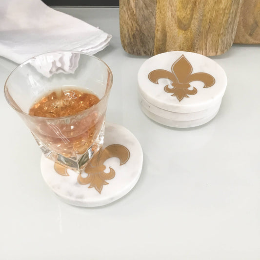 White Marble Round Coasters w/ Gold FDL - Set of 4