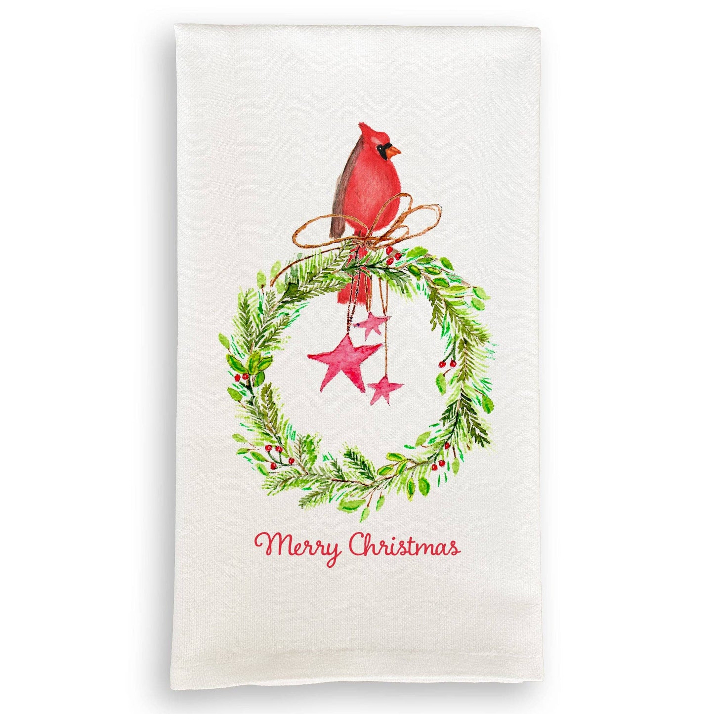 Cardinal On Wreath With Stars Tea Towel