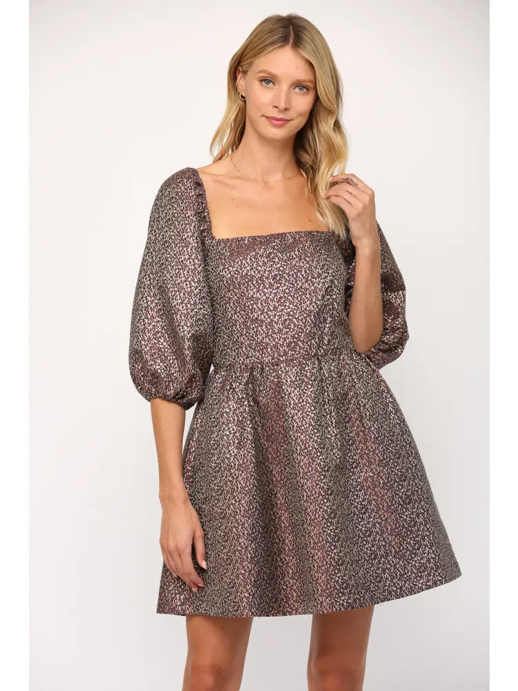 Lurex Jacquard Square Neck Puff Sleeve Dress