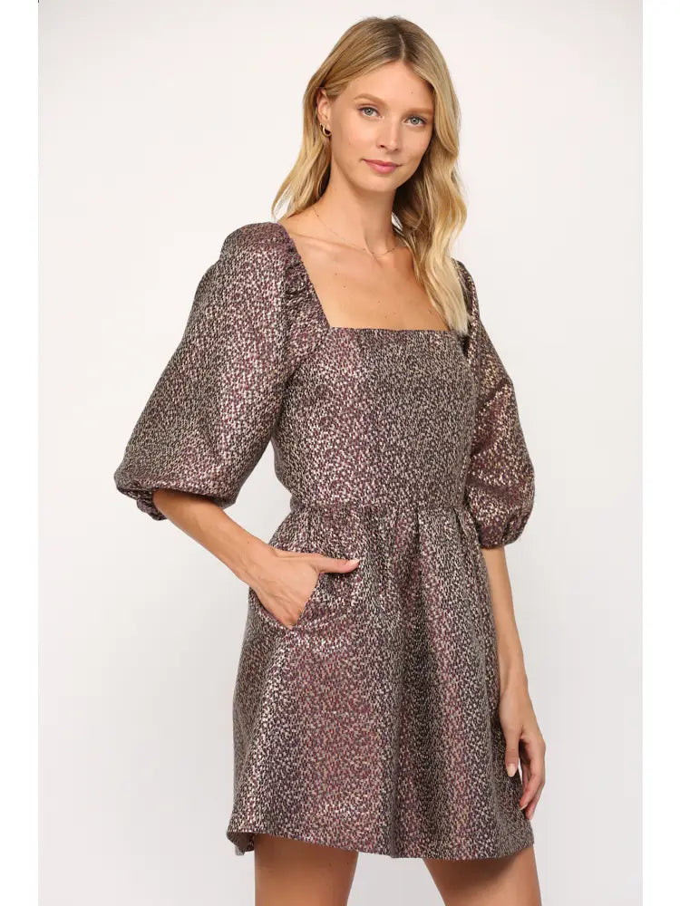 Lurex Jacquard Square Neck Puff Sleeve Dress