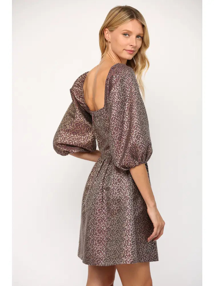 Lurex Jacquard Square Neck Puff Sleeve Dress
