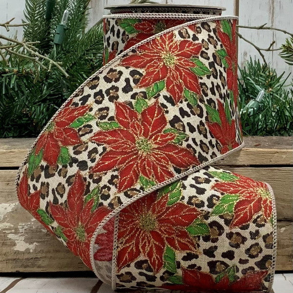 Leopard Poinsettia Linen Ribbon