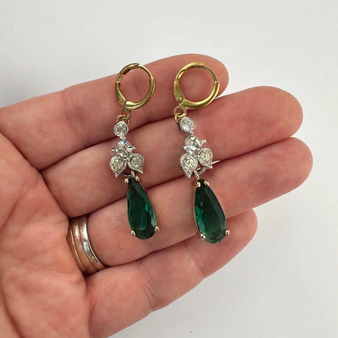 Repurposed Vintage Rhinestone Link Earrings with Green Teardrop