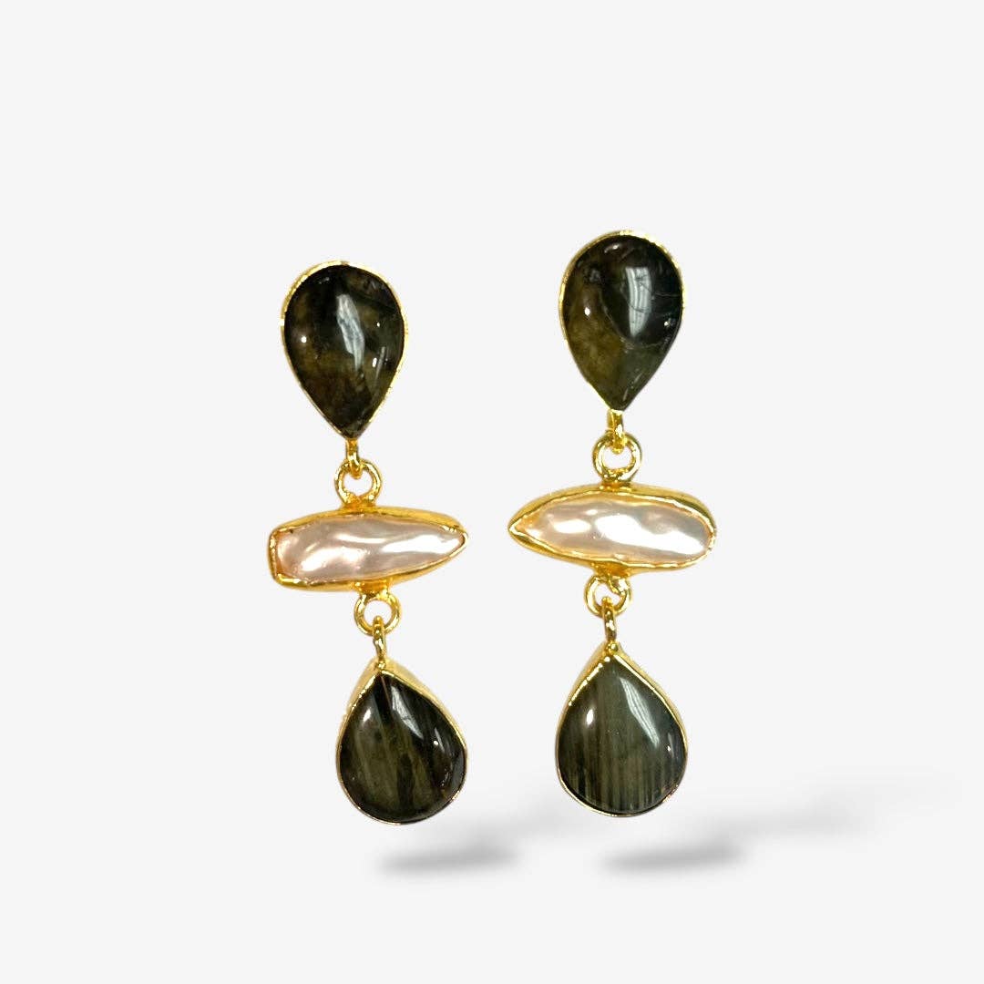 NATURAL STONE PEARL DANGLE EARRINGS: LABRADORITE