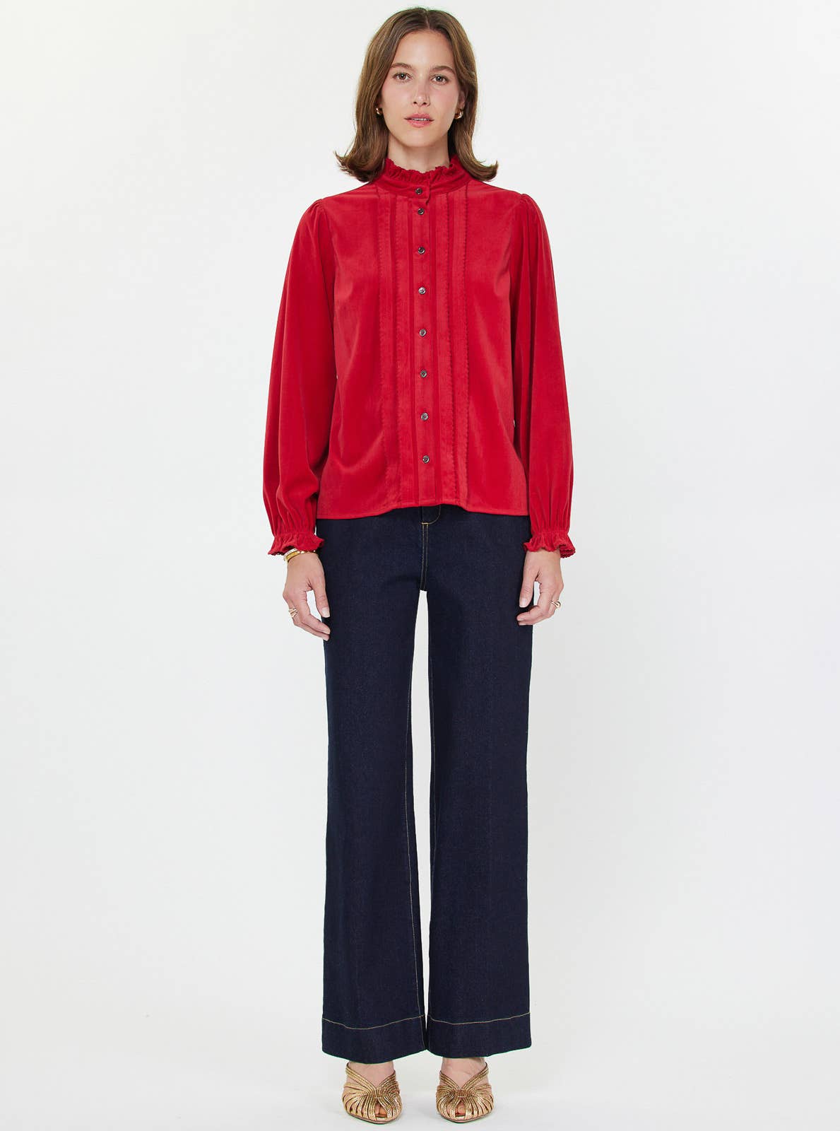 Pintuck Front Blouse with Ruffle Neck