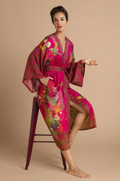 Hummingbird Kimono Gown In Raspberry