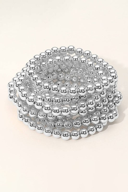 Silver Beaded Stretch Bracelets-Set of 10