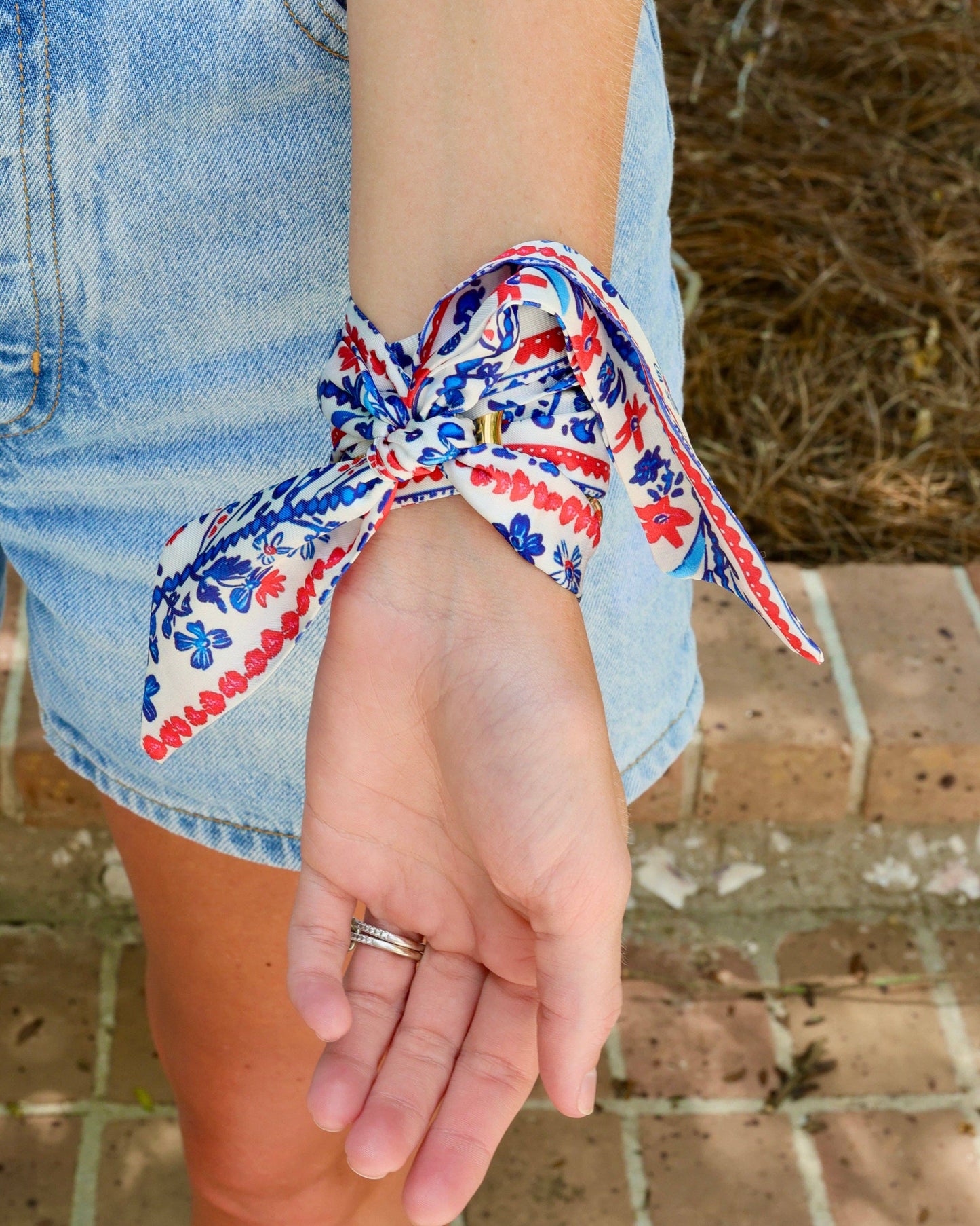 Serafina Floral Scarf Bracelet- Navy/Red