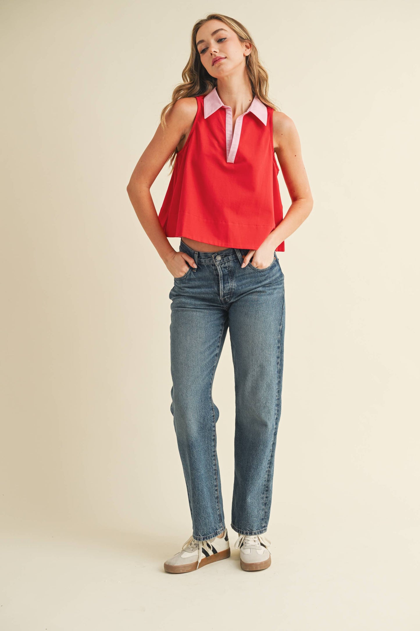 Relaxed Red Cotton Poplin top with Pink Contrast Collar