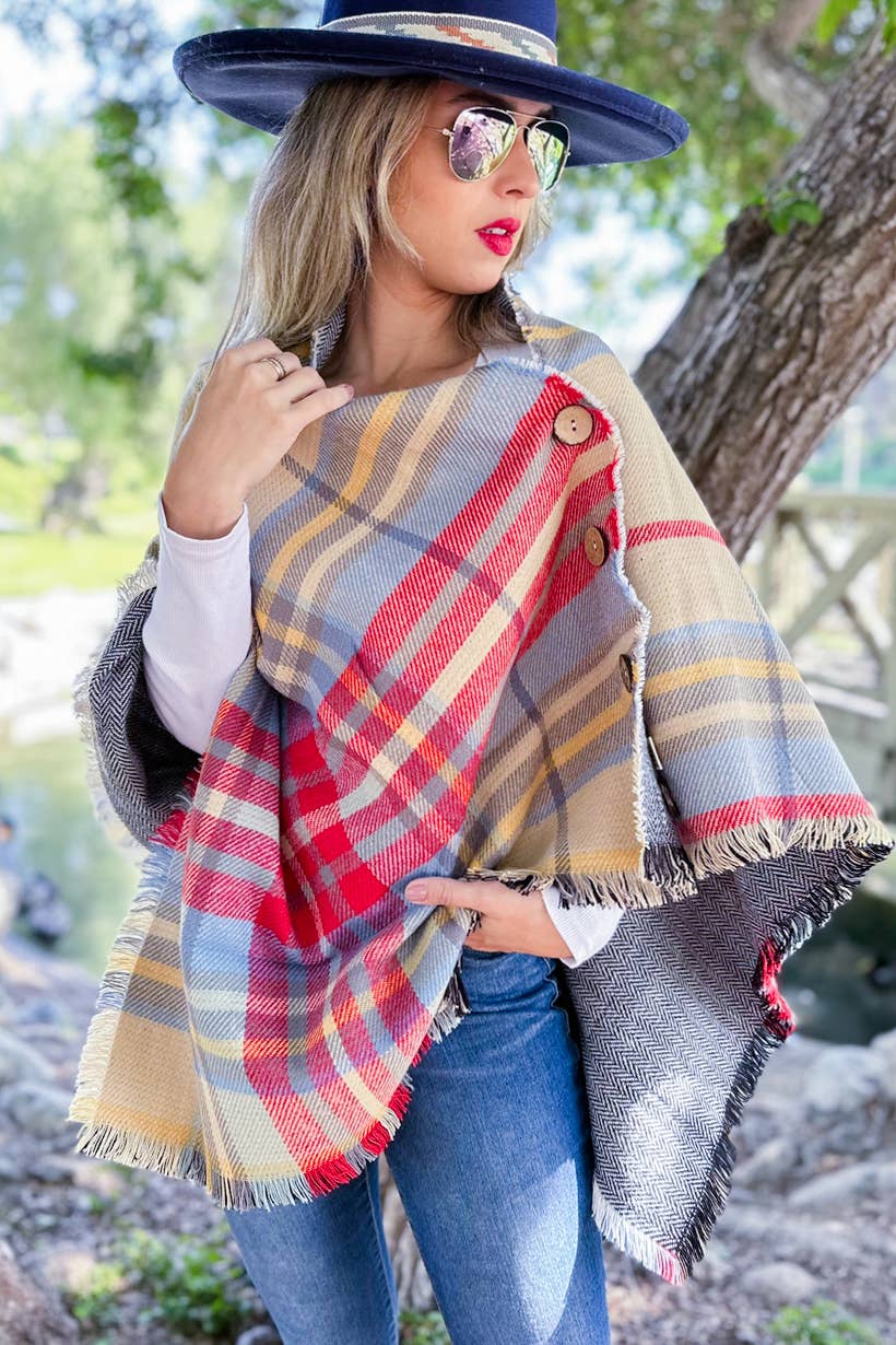 Plaid Printed Shawl Scarf Poncho with Button: One Size