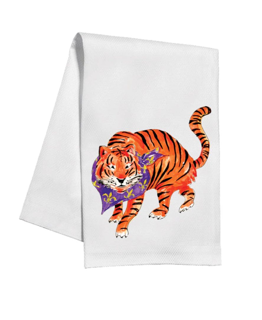 Handpainted Purple & Gold Tiger Tea Towel