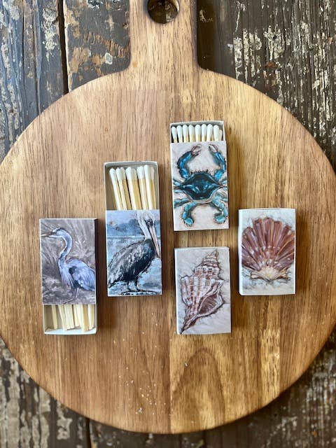 Custom Coastal Print Matchboxes- Crab, Conch, Clam, Crane, Pelican