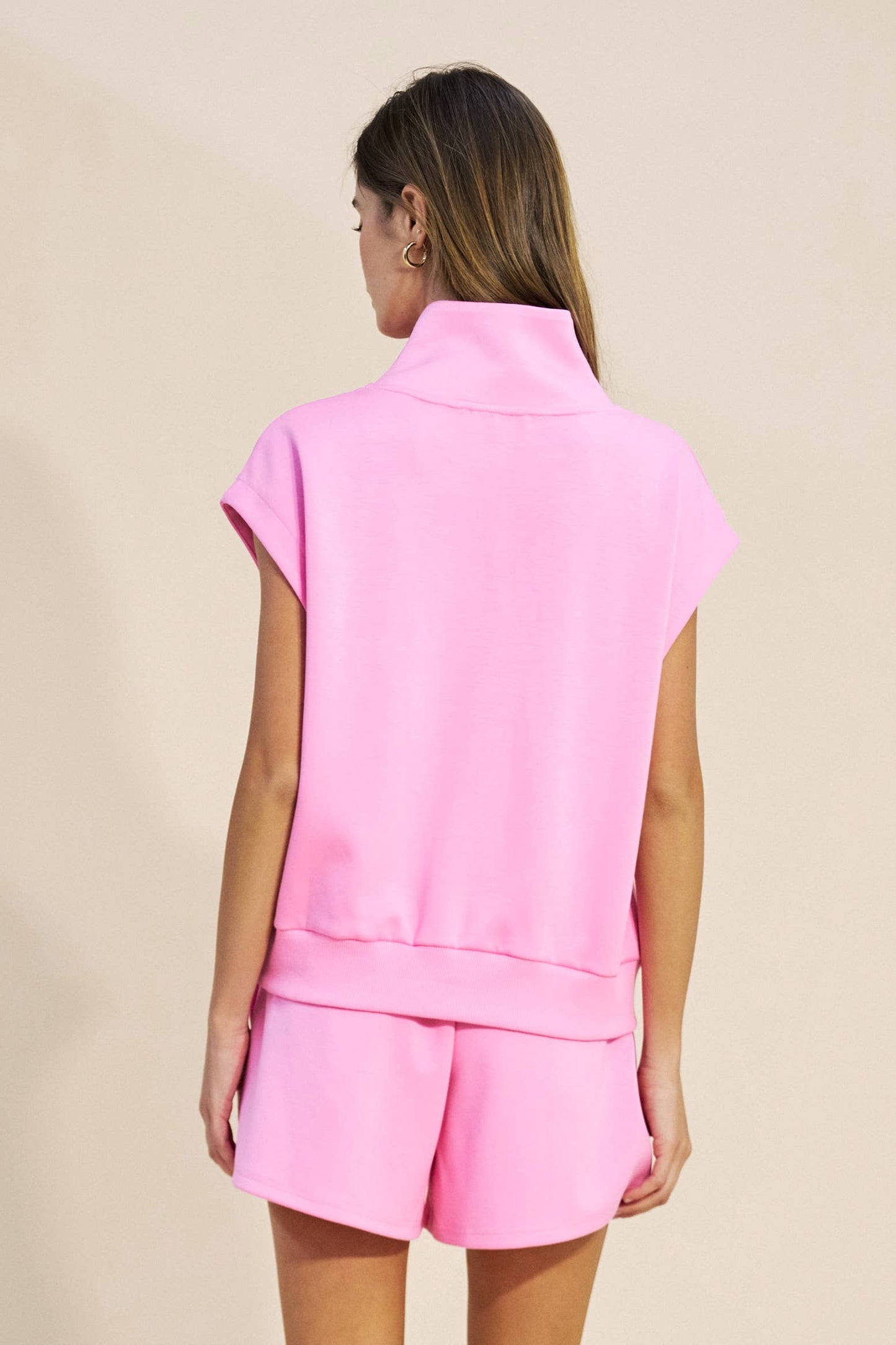 Quarter Zip Sleeveless Knit Top- Pink