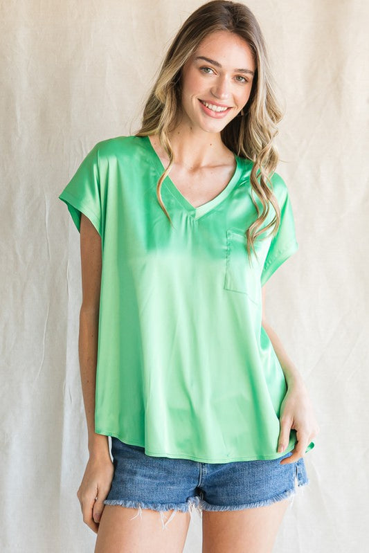 Satin Cap Sleeve Top In Green
