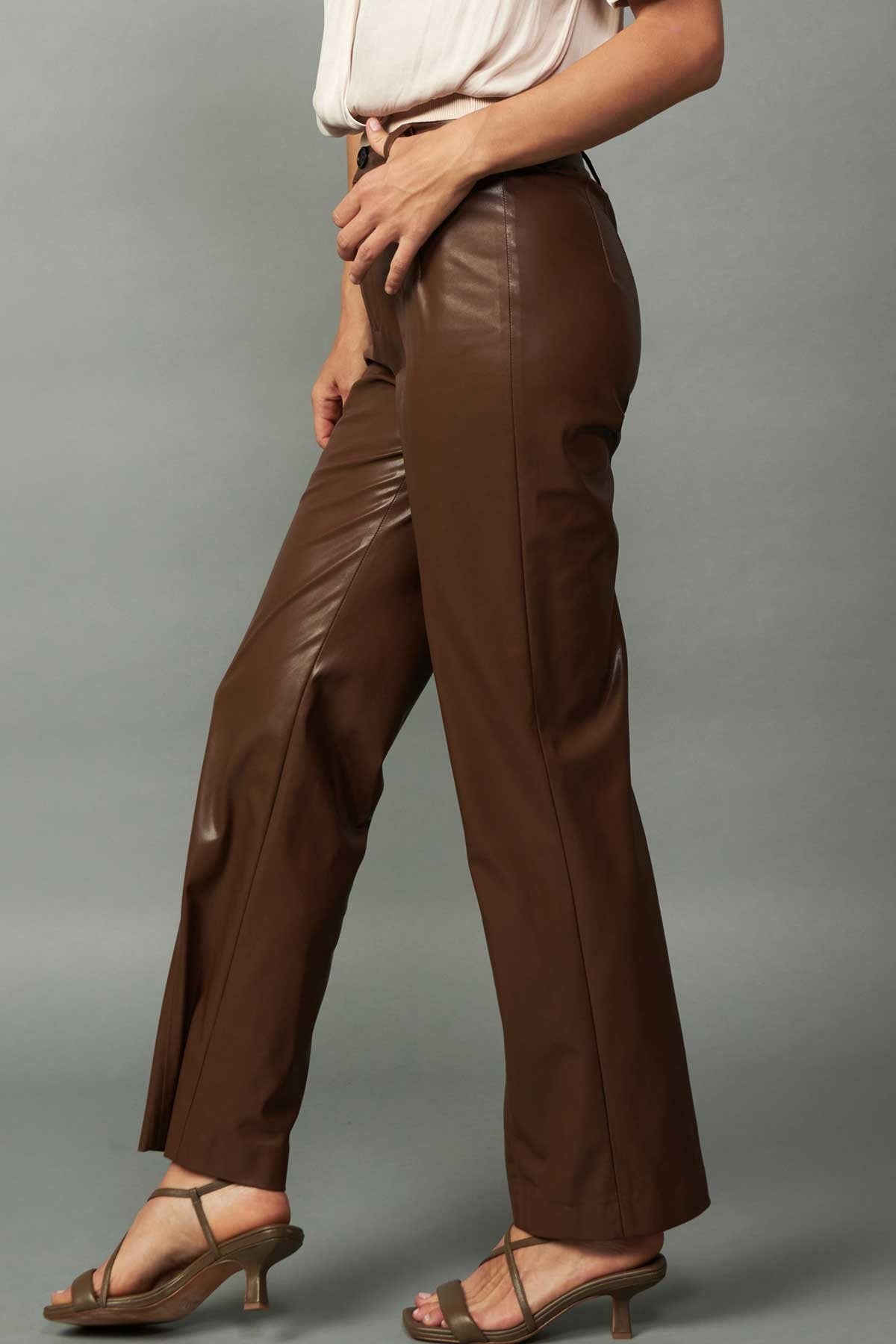 FINAL SALE Brown Faux Leather Straight Leg Pants